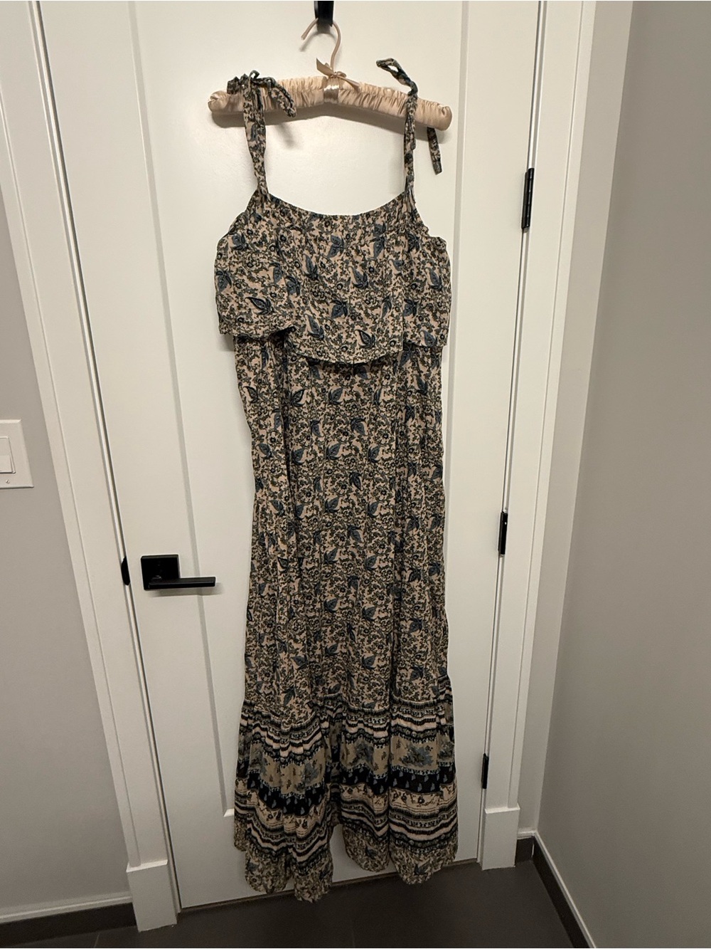 Free People Beige and Navy Floral Maxi Dress with Tie Straps - Picture 3 of 5